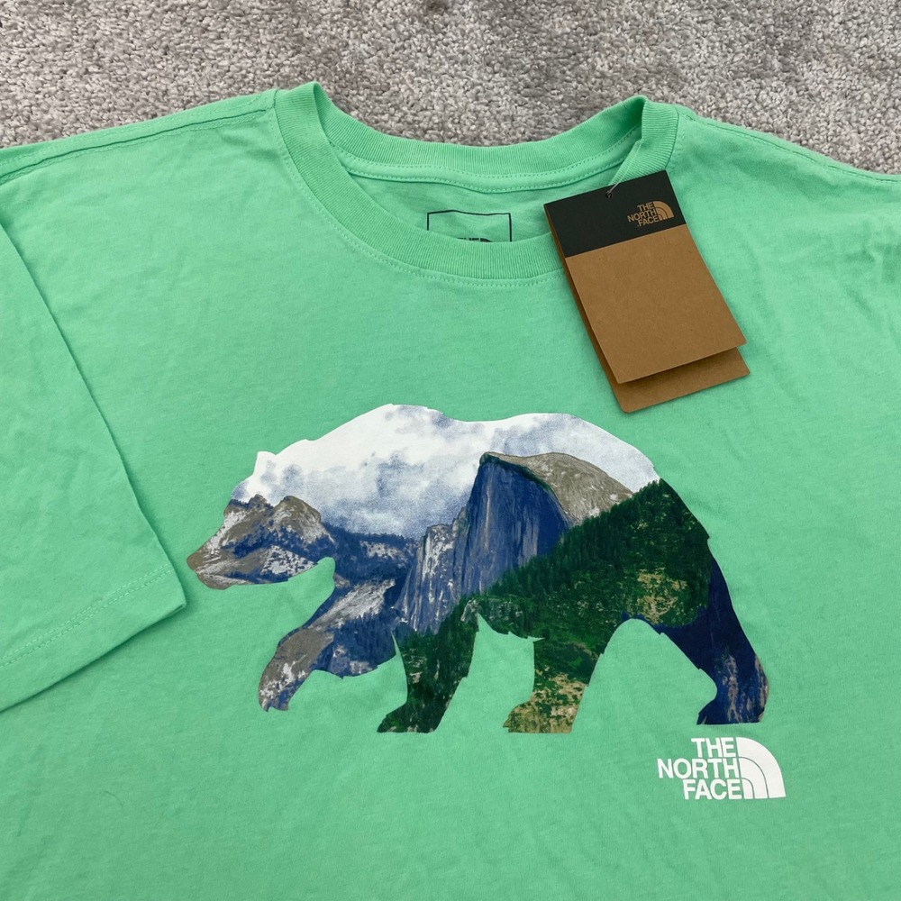 North Face Mens Large SS TNF Bear Tee Spring Bud Green Mountain Graphic NEW NWT